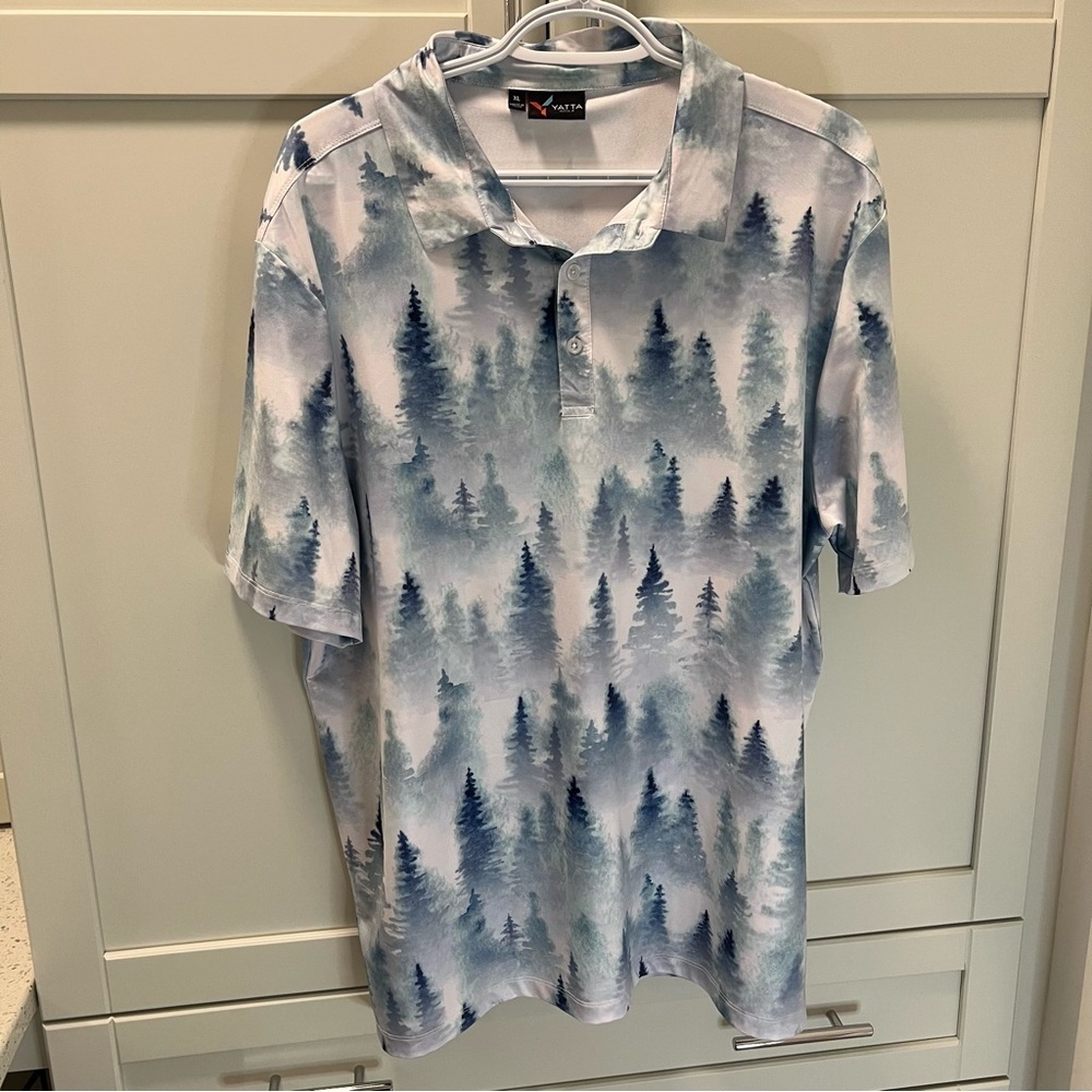 YATTA Golf Forest Print Performance Polo Shirt | Blue and White | Men's Size XL